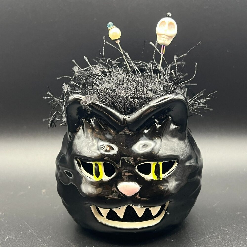 Ceramic Fierce Black Cat Pin‎ Cushion ~ Planter Pot Upcycled ~ Fun!
